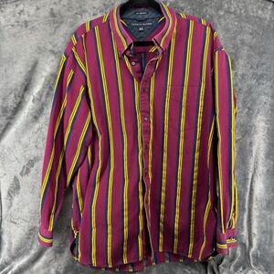 Tommy Hilfiger Vintage Burgundy Striped Button Down Long Sleeve Shirt Size XL
